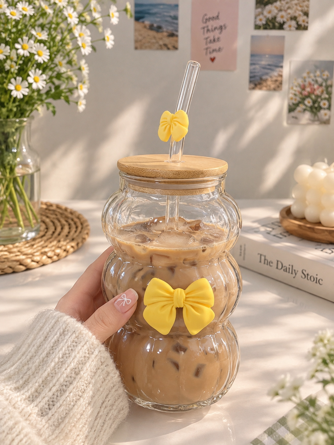 Yellow Bow Glass Coffee Mug with Bamboo Lid & Straw | Aesthetic Ribbed Glass Cup, Cute Reusable Coffee Mug, Iced Coffee & Tea Cup