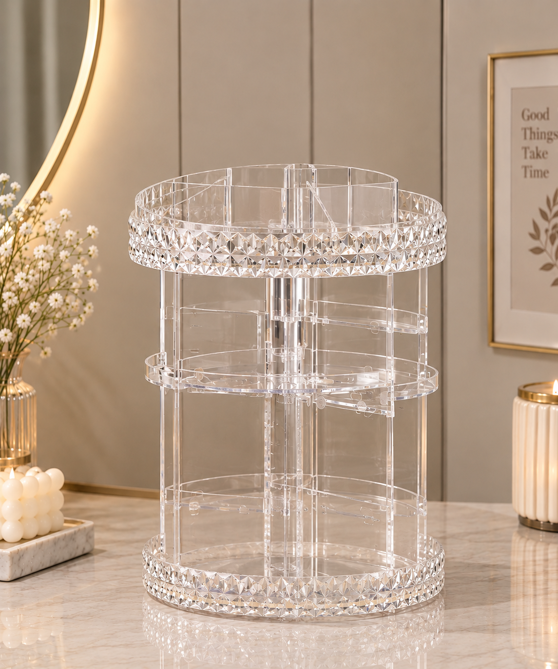 360° Rotating Diamond Pattern Cosmetic Organizer – Multi-Layer Acrylic Makeup & Skincare Storage Box