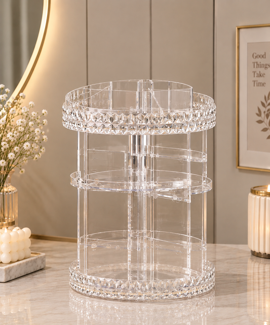 360° Rotating Diamond Pattern Cosmetic Organizer – Multi-Layer Acrylic Makeup & Skincare Storage Box