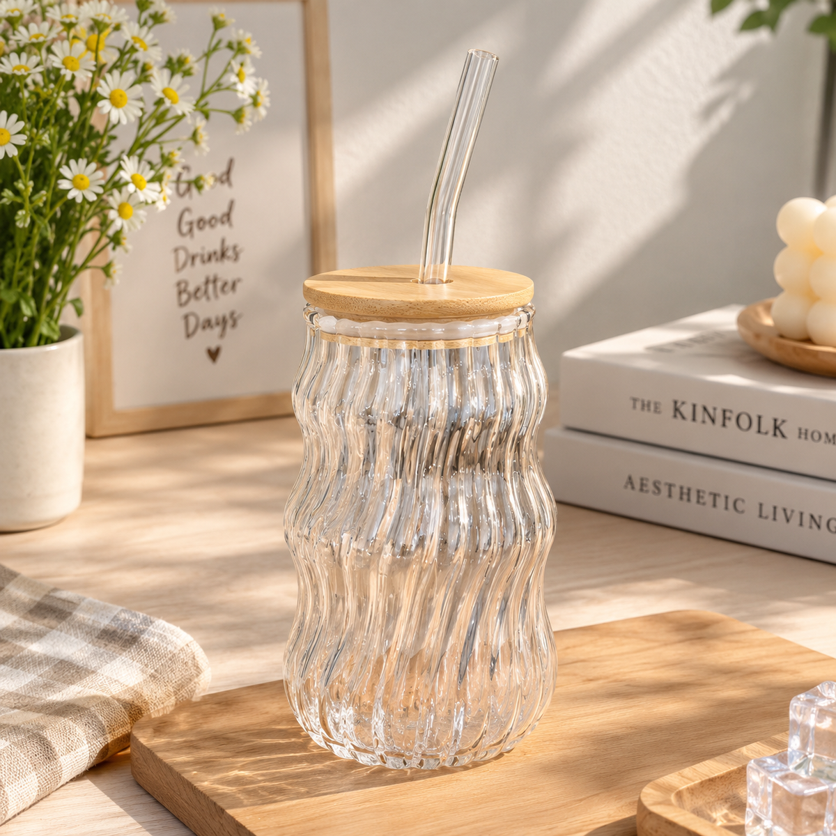 Wavy Ribbed Glass Coffee Mug with Bamboo Lid & Glass Straw – Aesthetic Iced Coffee Mug ☕✨