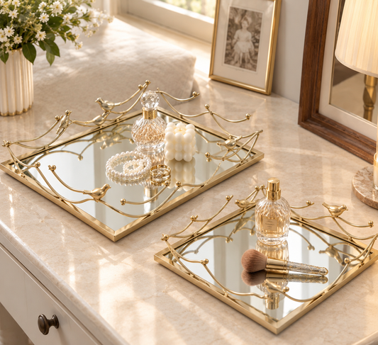 Luxury Gold Mirrored Decorative Tray Set of 2 | Elegant Bird & Branch Design | Vanity, Coffee Table & Home Décor Trays