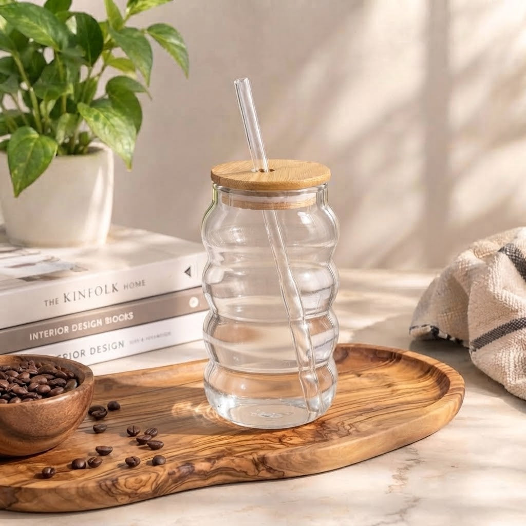 Bubble Shape Glass Tumbler with Bamboo Lid & Glass Straw – Aesthetic Iced Coffee Cup