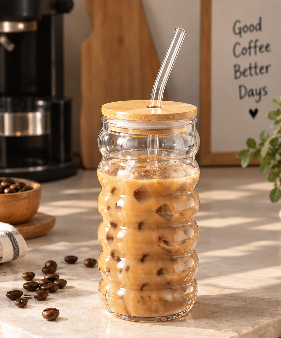 Bubble Glass Coffee Mug with Bamboo Lid & Glass Straw – Aesthetic Reusable Iced Coffee Cup ☕🌿