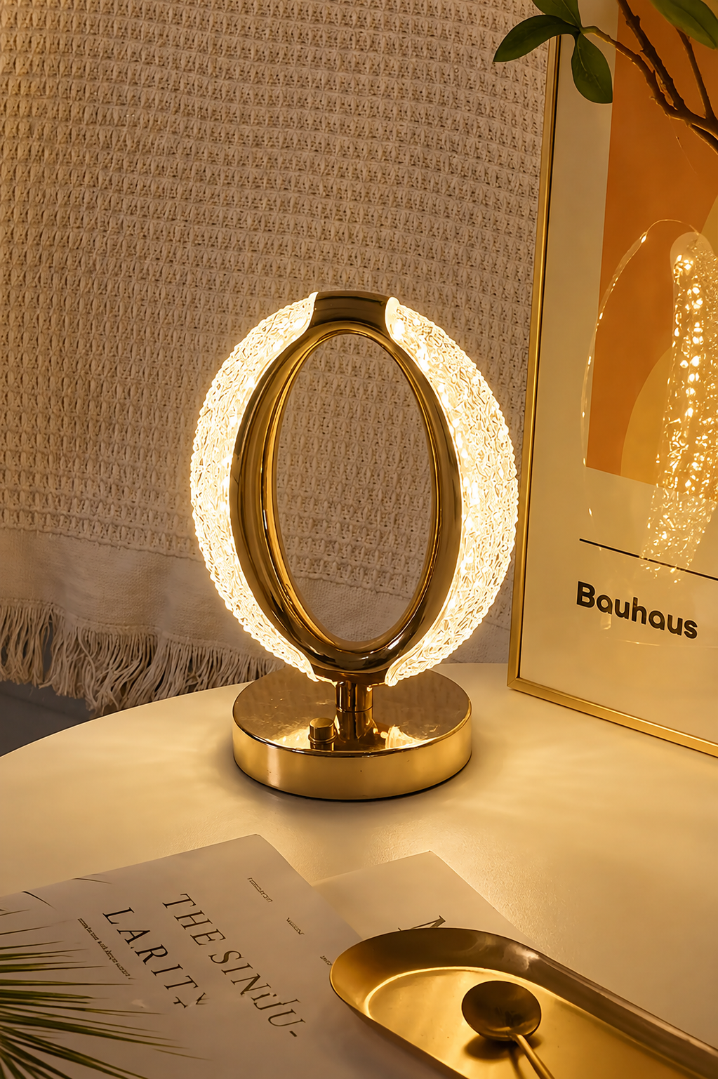 Luxury Gold Oval LED Table Lamp – Modern Crystal Ring Light