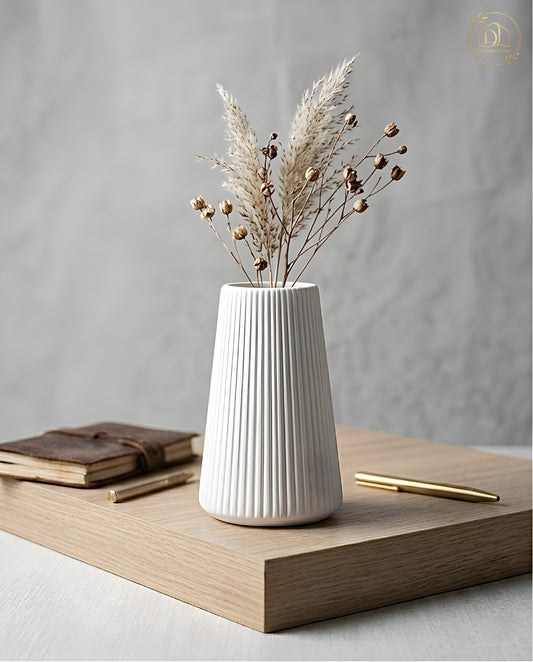Nordic Line Luxe Vase – Minimalist Textured White Decorative Vase for Home & Desk (Unbreakable)