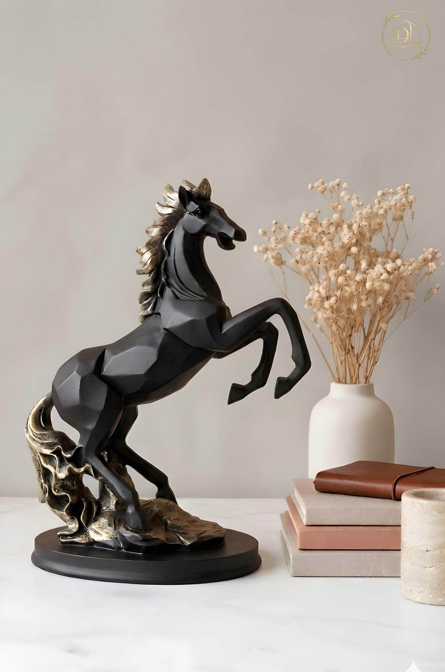 Luxury Rearing Horse Statue – Modern Black & Gold Sculpture for Home Decor, Living Room Tabletop Accent