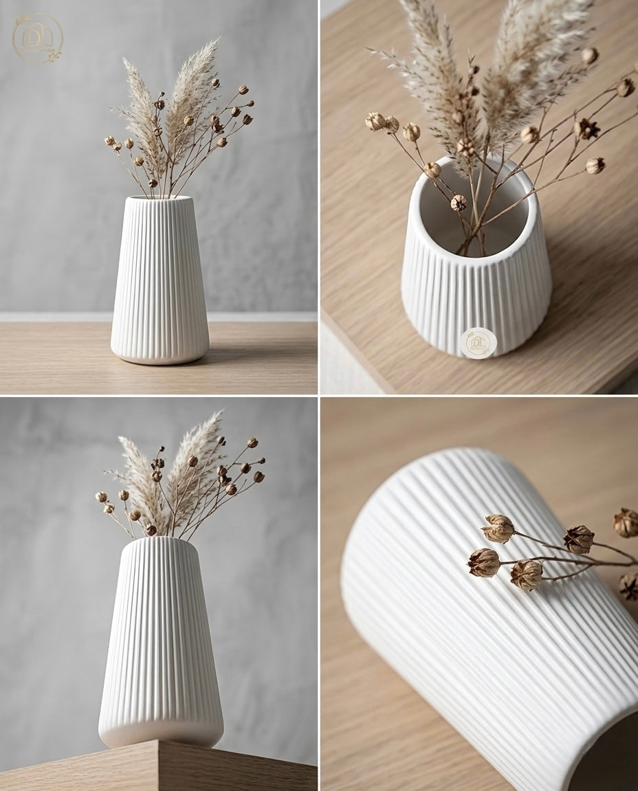 Nordic Line Luxe Vase – Minimalist Textured White Decorative Vase for Home & Desk (Unbreakable)