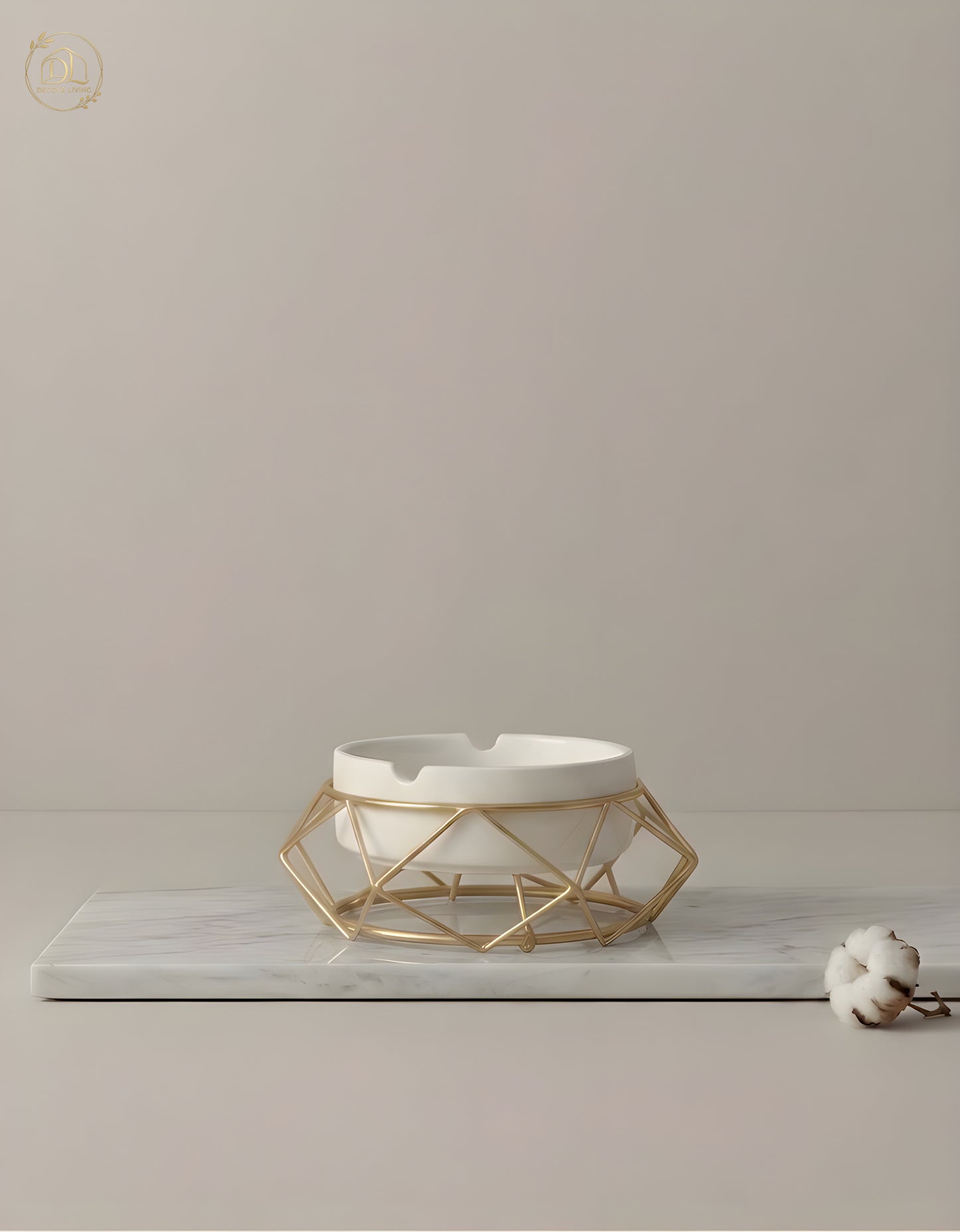 Modern White Ceramic Ashtray with Geometric Gold Stand