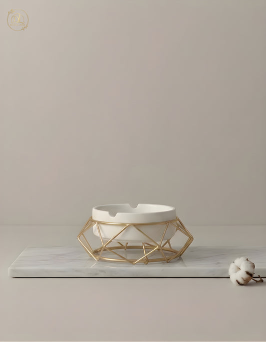 Modern White Ceramic Ashtray with Geometric Gold Stand