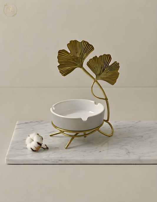 Ceramic Ashtray with Gold Ginkgo Leaf Stand – Modern Decorative Home Decor