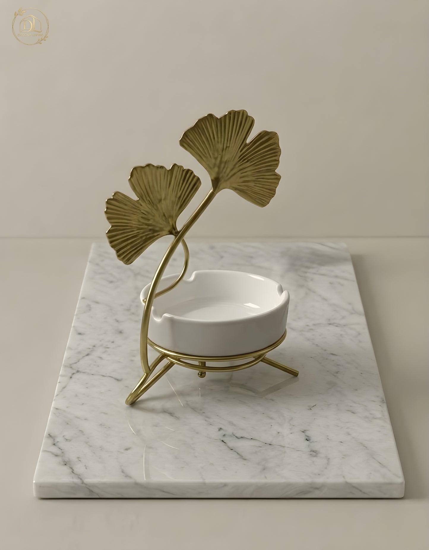 Ceramic Ashtray with Gold Ginkgo Leaf Stand – Modern Decorative Home Decor