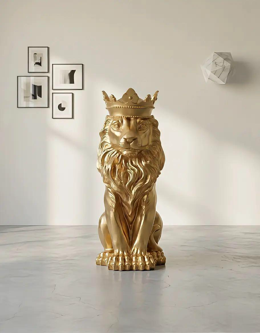Imperial Crowned Lion Sculpture – Luxury Gold Statement Décor Piece