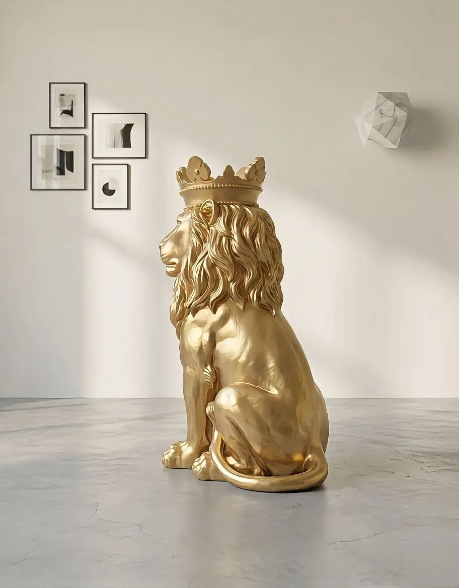 Imperial Crowned Lion Sculpture – Luxury Gold Statement Décor Piece